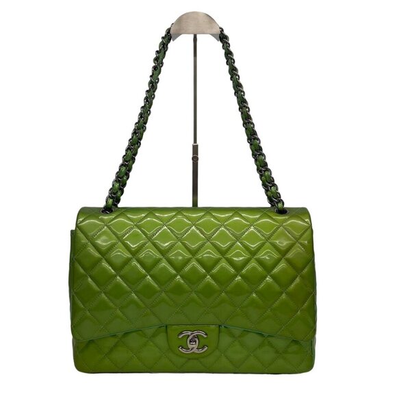 Authentic CHANEL CC Jumbo Patent Leather Classic Double Flap Bag Green Purse - Picture 3 of 16